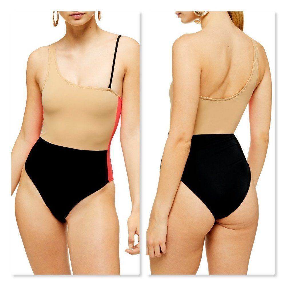 NEW Topshop Colorblock One-Shoulder Swimsuit sz 8